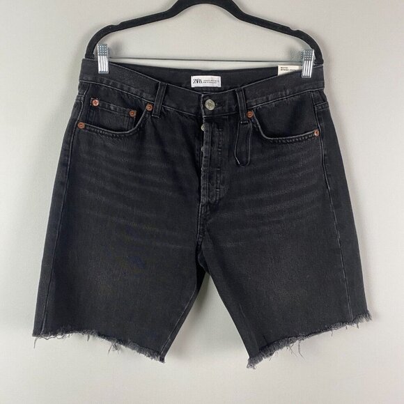 Zara Retro Cycling Shorts Womens Size 32 Cutoff Denim Bermuda Black Button Fly - Picture 1 of 12